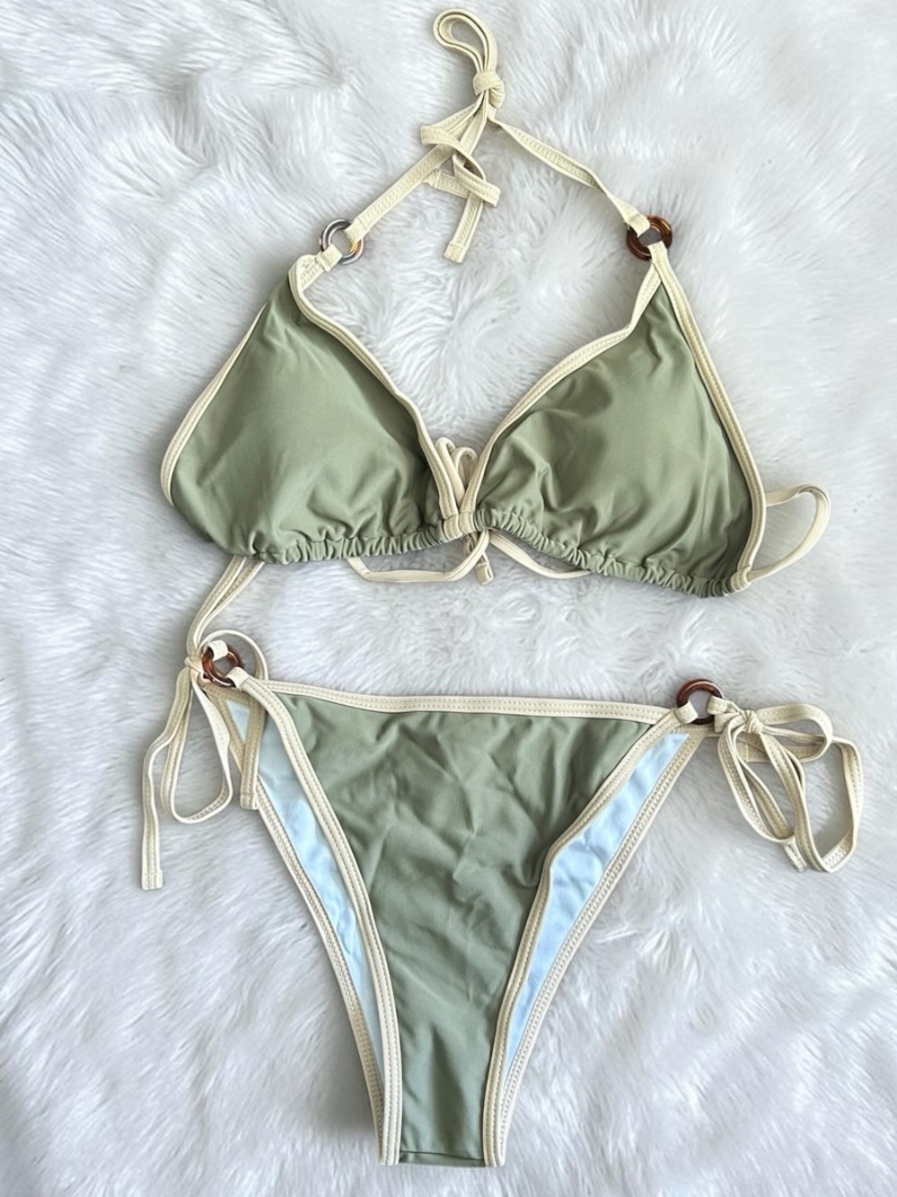 Olive Green Triangle Bikini with Tan Trim